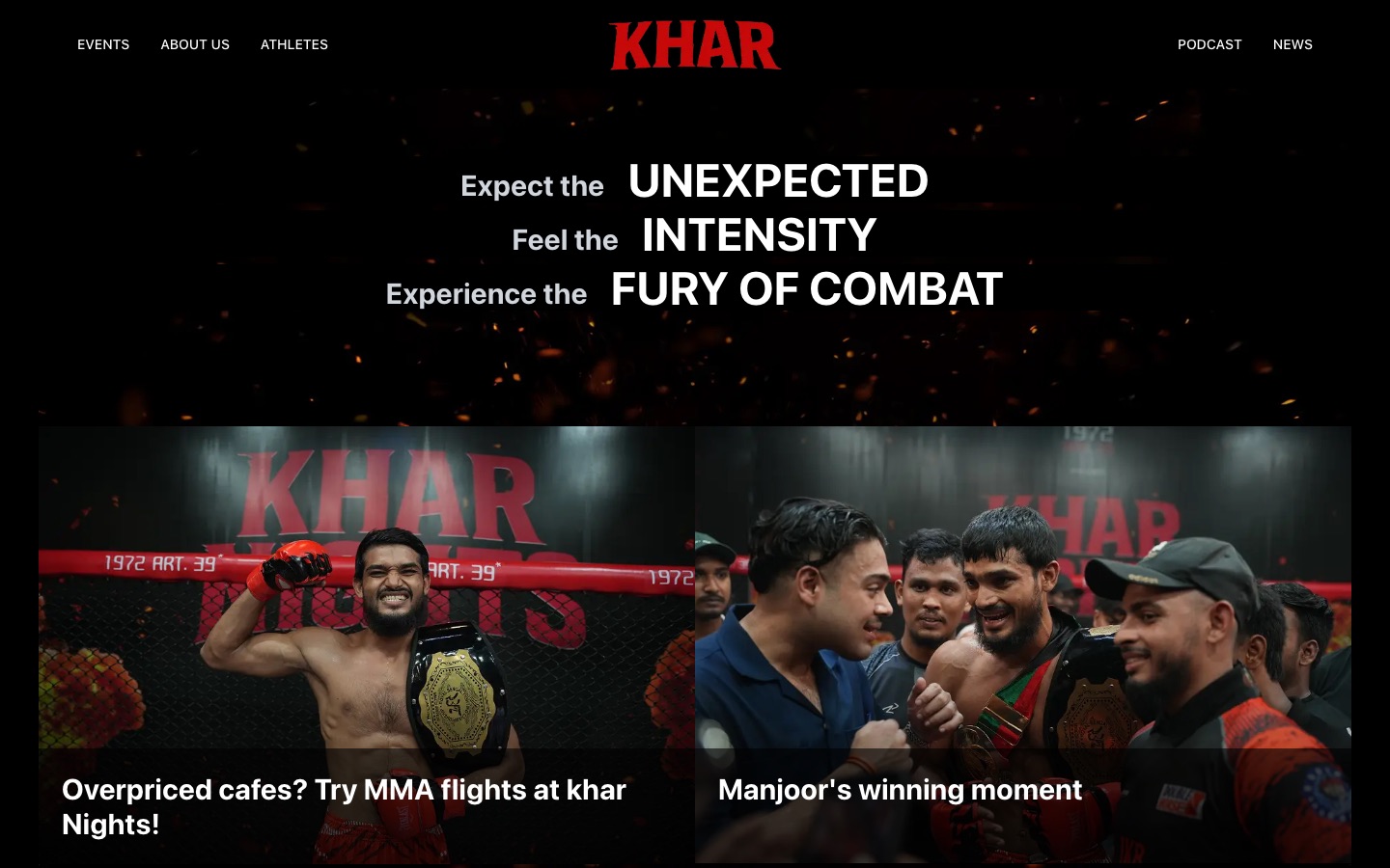 Kinetic typography and fight-night photography set the tone the moment the page loads.