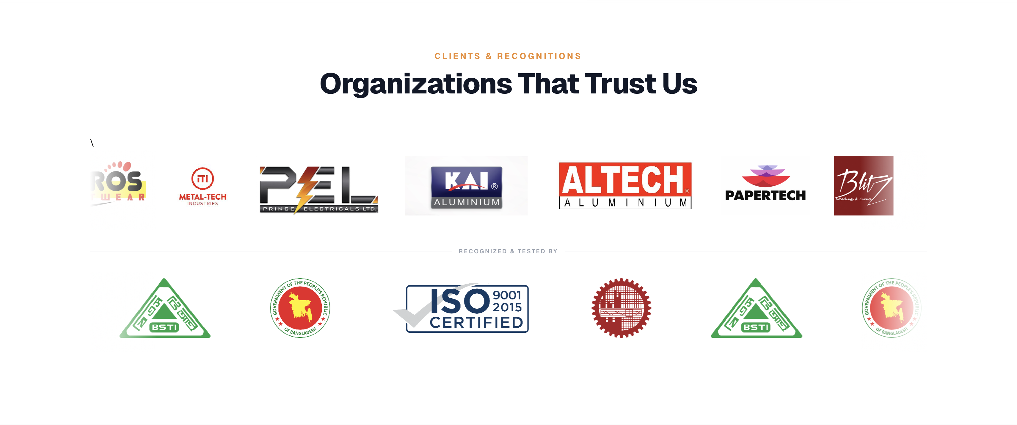Organisations that trust Steeltech, shown alongside its certifications.